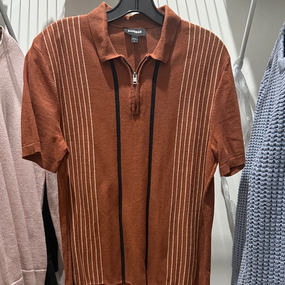 Express Men's Rust Brown Short-Sleeve Zip Polo with Stripe Detail